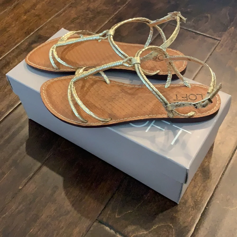 NIB LOFT Gold Snakeskin Print T-Strap Sandals Size 7